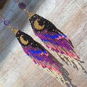 Purple Butterfly Moon Dangle seed bead earrings, titanium quartz, gold filled, boho aesthetic, music festival, cottage core, fairy image 3