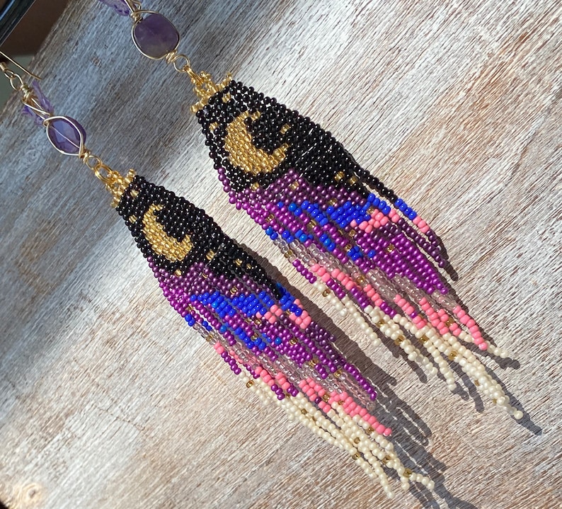 Purple Butterfly Moon Dangle seed bead earrings, titanium quartz, gold filled, boho aesthetic, music festival, cottage core, fairy image 3