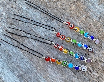 Rainbow evil eye hair pin, wire wrapped crystal hair pins, loc jewelry, Braid jewelry, hair accessories, silver hair jewelry,  for updo