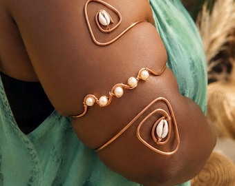 Manchette de bras en cuivre grande taille, bracelet de bras coquillage, manchette de bras ajustable, bijoux bohèmes en cristal, bijoux champêtres, enroulement de fil