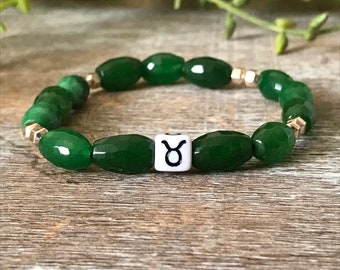 May Taurus, Green Agate Beaded Bracelet, Zodiac Jewelry,