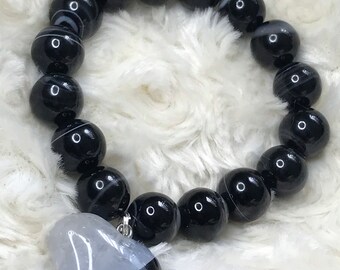Sardonyx Heart Beaded Stretch Bracelet, Agate Gemstone