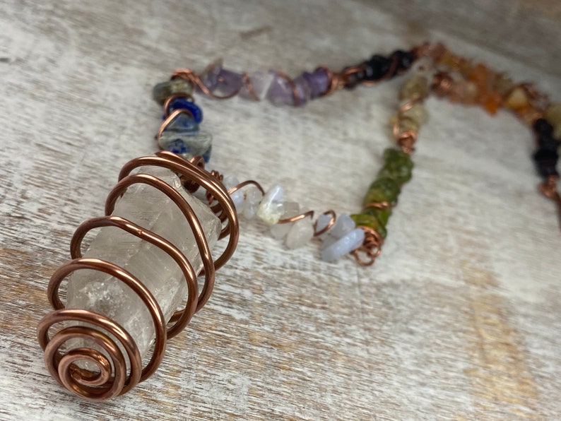 Copper Wire Wrapped Crystal Necklace, Choker, Chakra jewelry, rainbow jewelry, clear quartz image 2