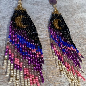 Purple Butterfly Moon Dangle seed bead earrings, titanium quartz, gold filled, boho aesthetic, music festival, cottage core, fairy image 7