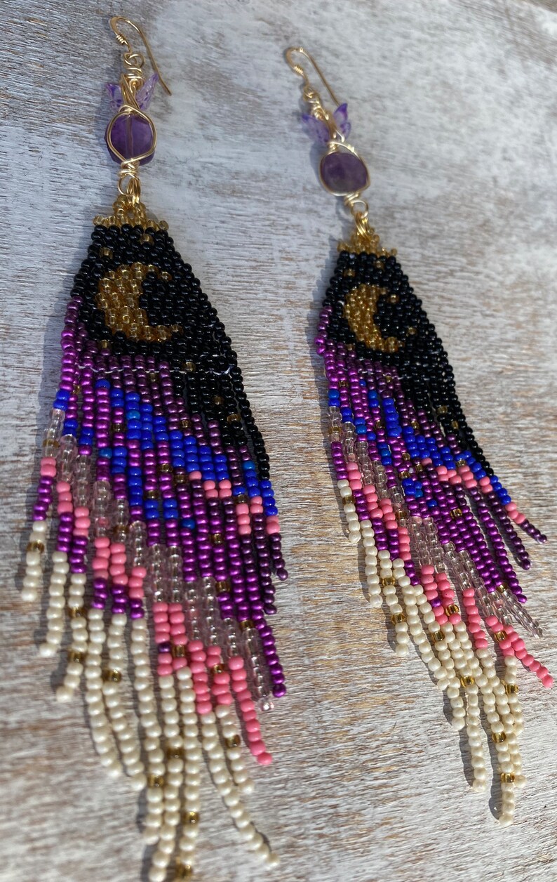 Purple Butterfly Moon Dangle seed bead earrings, titanium quartz, gold filled, boho aesthetic, music festival, cottage core, fairy image 7