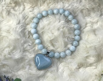 Aquamarine heart beaded bracelet, March birthstone, stretch gemstone bracelet, baby blue