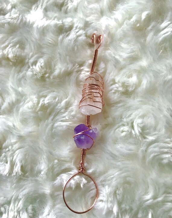 Crystal Holder Wire Wrapped Amethyst and Clear Quartz for Long