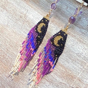 Purple Butterfly Moon Dangle seed bead earrings, titanium quartz, gold filled, boho aesthetic, music festival, cottage core, fairy image 6