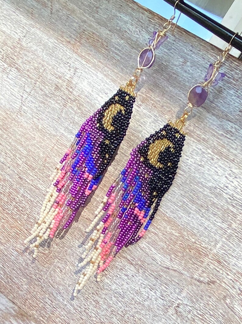 Purple Butterfly Moon Dangle seed bead earrings, titanium quartz, gold filled, boho aesthetic, music festival, cottage core, fairy image 6