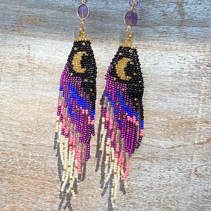 Purple Butterfly Moon Dangle seed bead earrings, titanium quartz, gold filled, boho aesthetic, music festival, cottage core, fairy image 9