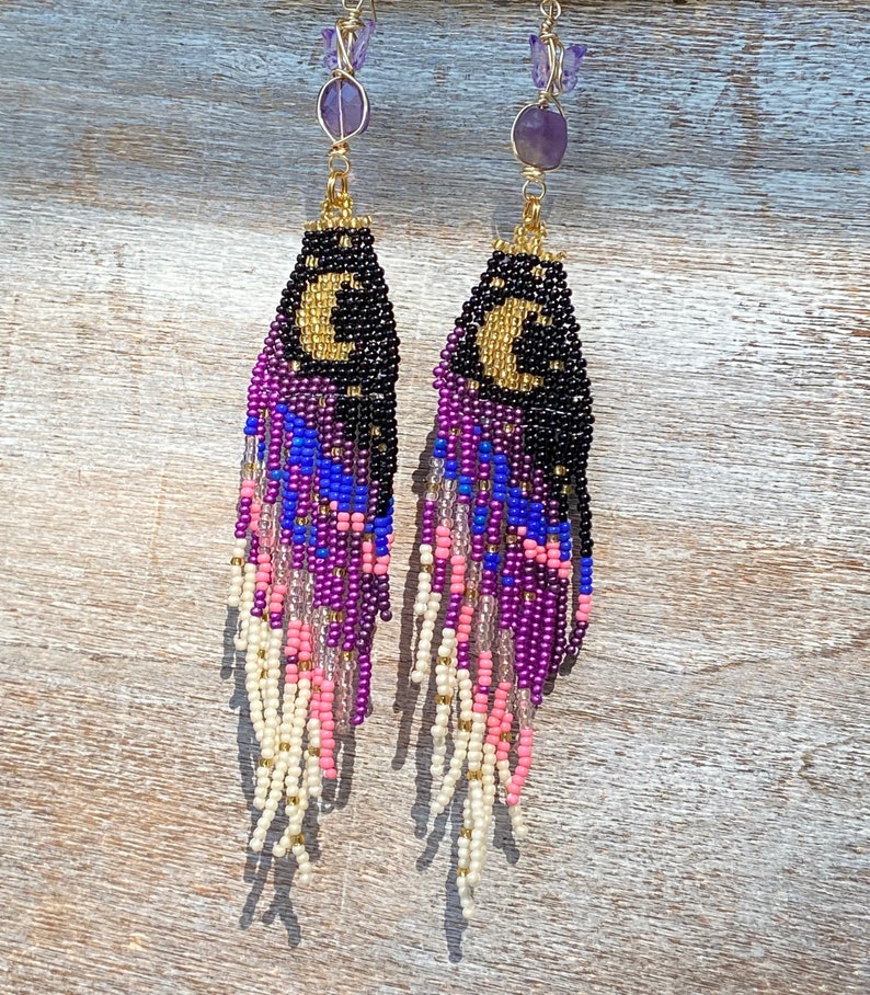 Purple Butterfly Moon Dangle seed bead earrings, titanium quartz, gold filled, boho aesthetic, music festival, cottage core, fairy image 9