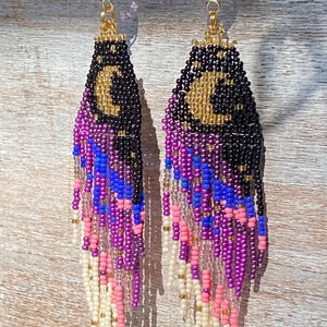 Purple Butterfly Moon Dangle seed bead earrings, titanium quartz, gold filled, boho aesthetic, music festival, cottage core, fairy image 1