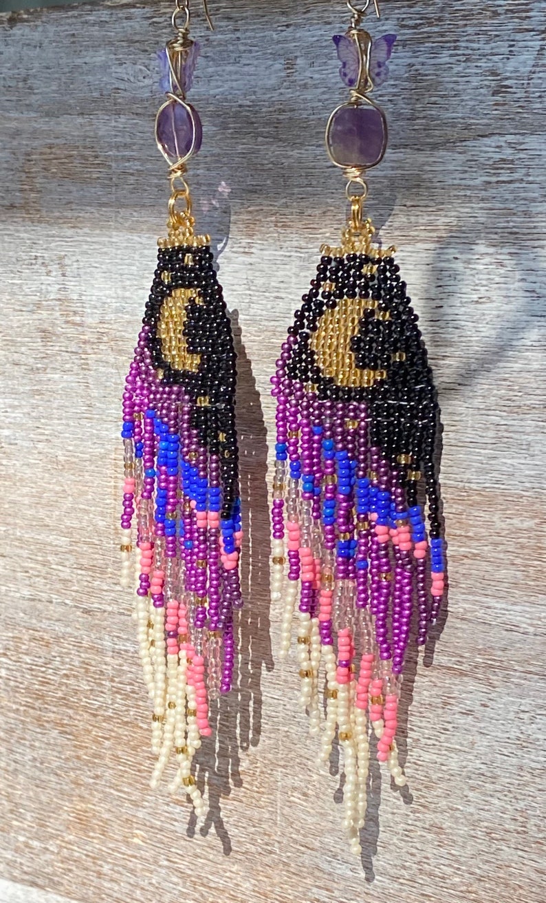 Purple Butterfly Moon Dangle seed bead earrings, titanium quartz, gold filled, boho aesthetic, music festival, cottage core, fairy image 1