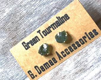 Raw Green Tourmaline Stud Earrings 925 Sterling Silver