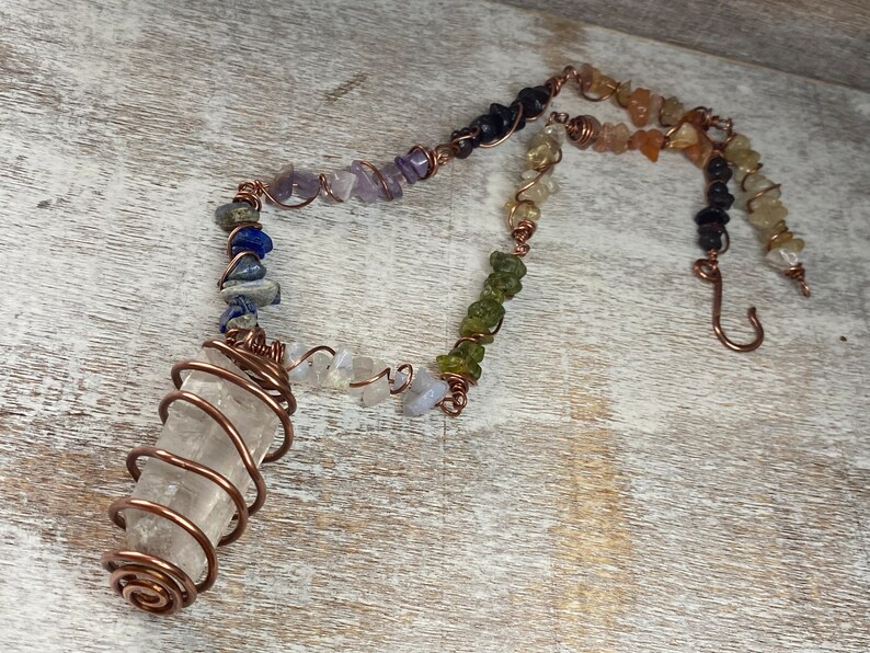 Copper Wire Wrapped Crystal Necklace, Choker, Chakra jewelry, rainbow jewelry, clear quartz image 1