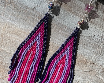 Purple Butterfly Dangle seed bead earrings, titanium quartz, 925 sterling silver, boho aesthetic, music festival, cottage core, fairy, Gaida