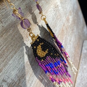 Purple Butterfly Moon Dangle seed bead earrings, titanium quartz, gold filled, boho aesthetic, music festival, cottage core, fairy image 4