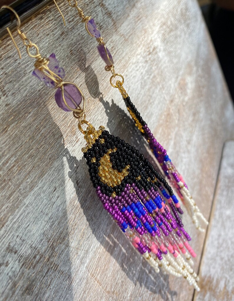 Purple Butterfly Moon Dangle seed bead earrings, titanium quartz, gold filled, boho aesthetic, music festival, cottage core, fairy image 4