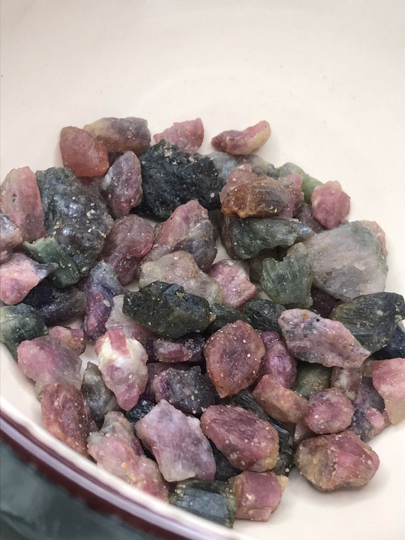 Raw Tourmaline chips, Green and pink tourmaline. Candle decor, jewelry crystals