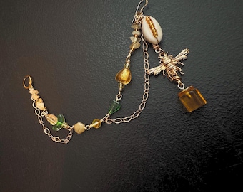 Chaîne de nez d'abeille, boucle d'oreille coquillage cauri, cristal d'améthyste miel, plaqué or 14 carats