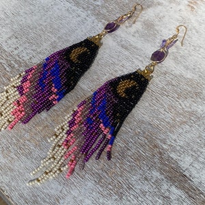 Purple Butterfly Moon Dangle seed bead earrings, titanium quartz, gold filled, boho aesthetic, music festival, cottage core, fairy image 2