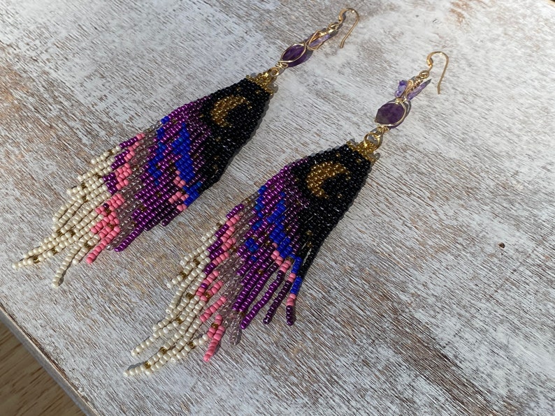 Purple Butterfly Moon Dangle seed bead earrings, titanium quartz, gold filled, boho aesthetic, music festival, cottage core, fairy image 2