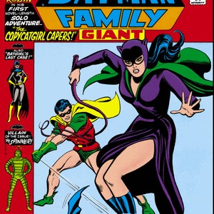 Può includere: Una copertina di fumetto con Batman, Robin e Catwoman. La copertina è rossa con un titolo blu e giallo che recita "Batman Family Giant". Il numero del fumetto è 8 e il mese è dicembre. La copertina presenta una scena in cui Catwoman usa una frusta per attaccare Robin. Il cattivo del numero è "The Spinner."