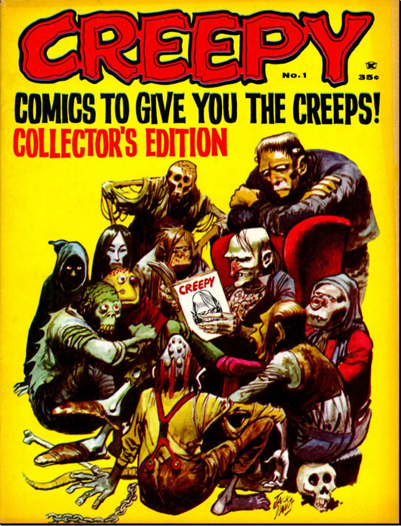 Peut inclure: Couverture de bande dessin&eacute;e vintage "Creepy" avec un fond jaune, repr&eacute;sentant un groupe de personnages grotesques. Le titre "Creepy" est en grandes lettres rouges, avec le texte "Comics to Give You the Creeps!" et "Collector's Edition". L'illustration est de style bande dessin&eacute;e d'horreur classique.