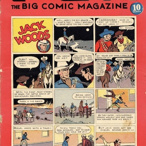 May include: A comic book cover featuring a cowboy riding a horse with the title "Jack Woods" and the text "New Fun, The Big Comic Magazine". The cover is red, black, and white with a yellow moon in the background.