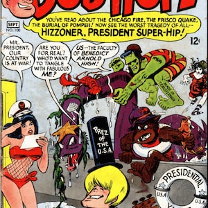 Könnte beinhalten: Comic-Cover mit dem Titel "Bob Hope" in roter Schrift. Die Illustration zeigt Comicfiguren und Sprechblasen. Der Text enthält "President Super-Hip!" und "Prez of the U.S.A."