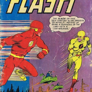May include: Comic book cover featuring The Flash, a red superhero, running towards the right. The Flash is facing a yellow superhero, the Reverse-Flash, who is running towards the left. The cover text reads "The Flash" and "Menace of the Reverse-Flash!"
