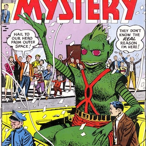 May include: A comic book cover featuring a green, scaly monster with red eyes and a red and black belt. The monster is sitting in a yellow car with a police officer in the driver's seat. The comic book cover is titled "House of Mystery" and has the text "The Magnificent Monster!" at the bottom.