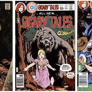 May include: Three vintage comic book covers featuring the title "Scary Tales". The first cover shows a woman in a red and white outfit fighting a monster. The second cover shows a girl in a pink dress running from a bear. The third cover shows a woman in a yellow dress being attacked by a monster.
