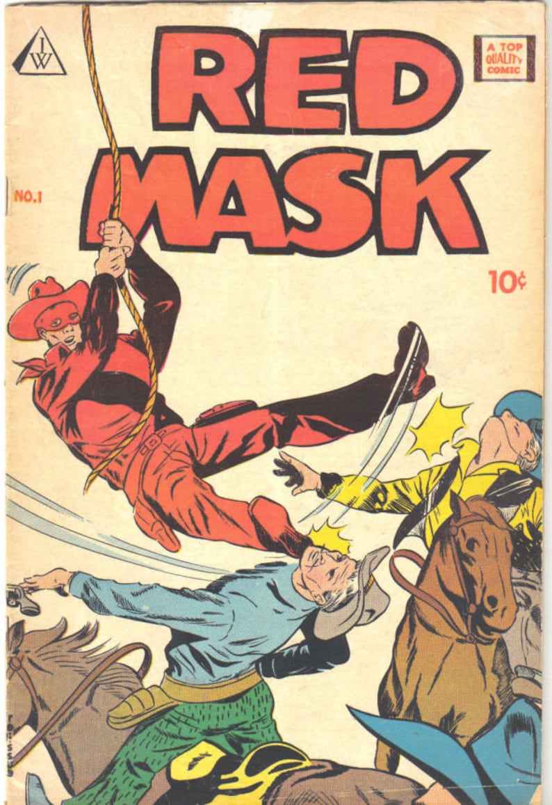 Peut inclure: Couverture de bande dessin&eacute;e vintage intitul&eacute;e "Red Mask", avec une illustration dynamique d'un personnage masqu&eacute; en rouge se balan&ccedil;ant &agrave; une corde, donnant un coup de pied &agrave; un autre personnage. D'autres personnages et chevaux sont &eacute;galement repr&eacute;sent&eacute;s.