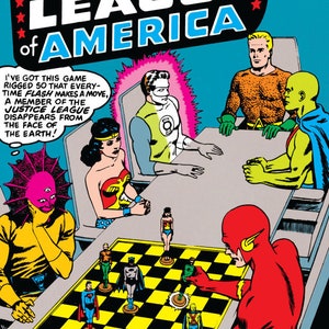 Pode incluir: Uma capa de banda desenhada que apresenta a Liga da Justiça da América a jogar xadrez. A capa é ilustrada num estilo vintage com cores brilhantes e linhas ousadas. O texto na capa diz "Justice League of America" e "World of No Return!"