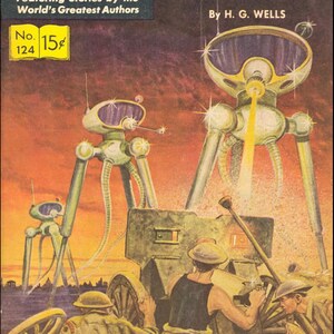 Peut inclure: Couverture de bande dessin&eacute;e vintage pour "La Guerre des Mondes" de H.G. Wells, avec des illustrations de tripodes martiens attaquant des soldats. L'art de la couverture est de style r&eacute;tro, avec un sch&eacute;ma de couleurs jaune et orange, et le texte "Classics Illustrated".