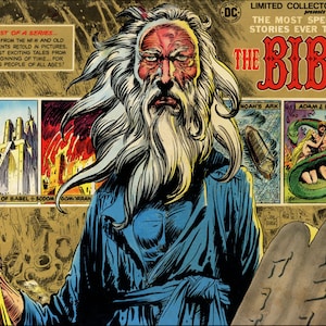 May include: A comic book cover featuring a white-haired, bearded man holding a staff and a stone tablet with writing. The cover is titled "The Bible" and features illustrations of scenes from the Bible, including Noah's Ark, Adam and Eve, and Cain and Abel.