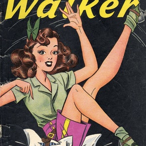 Può includere: Una copertina di fumetto vintage con una donna in camicia verde e pantaloncini rosa, che pattina su un cuscino bianco. Il titolo della copertina è "Patsy Walker" in lettere gialle. Il fumetto è numerato "No. 1" e costa "10c".
