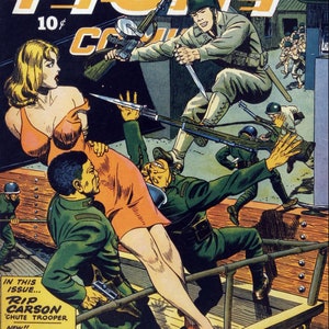 Può includere: Una copertina di fumetto con una donna in un vestito rosso e un gruppo di soldati. La copertina è intitolata "Fight Comics" e presenta il testo "Dedicato agli uomini che combattono per lo zio Sam".