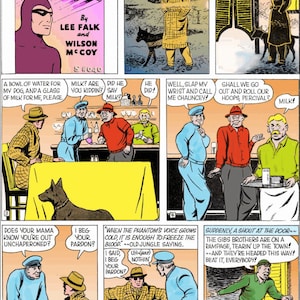 May include: A comic book panel featuring The Phantom, a masked superhero, in a purple costume. The Phantom is standing with a dog and a group of men. The text in the comic book panel reads "The Phantom" and "This is one of those nights. You're thirsty, devil, and so am I. Let's go in here."