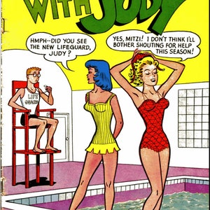 May include: A comic book cover featuring a cartoon illustration of three people at a swimming pool. The cover text reads "A Date With Judy".