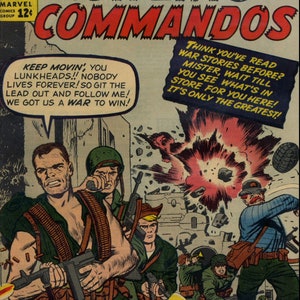 May include: A comic book cover featuring a group of soldiers in combat. The cover is titled "Sgt. Fury and His Howling Commandos" and features the text "Seven Against The Nazis!"  The cover is in red, white, and blue colors.