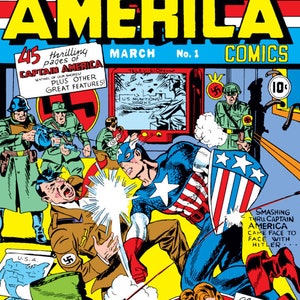Könnte beinhalten: Captain America, ein Superheld in einem rot-weiß-blauen Kostüm, schlägt einen Mann in brauner Uniform mit einem Hakenkreuz am Arm. Der Mann schreit. Das Cover von Captain America Comics #1, März 1941, zeigt einen rot-weiß-blauen Hintergrund mit Sternen und den Titel "Captain America Comics".