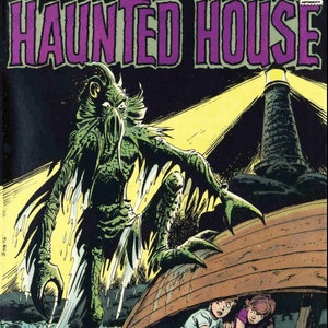May include: A comic book cover featuring a green monster with tentacles emerging from the water, a lighthouse in the background, and two children hiding under a boat. The title of the comic is "Secrets of Haunted House".