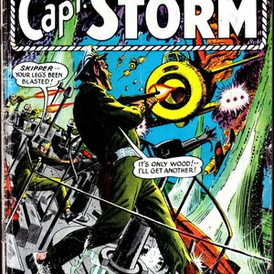 Peut inclure: Couverture de bande dessin&eacute;e vintage pour "P.T. Boat Skipper Capt. Storm" repr&eacute;sentant une sc&egrave;ne de guerre. L'illustration montre un homme tirant sur un avion jaune. Le texte comprend "Killer Hunt!" et "Skipper--Your leg's been blasted!"