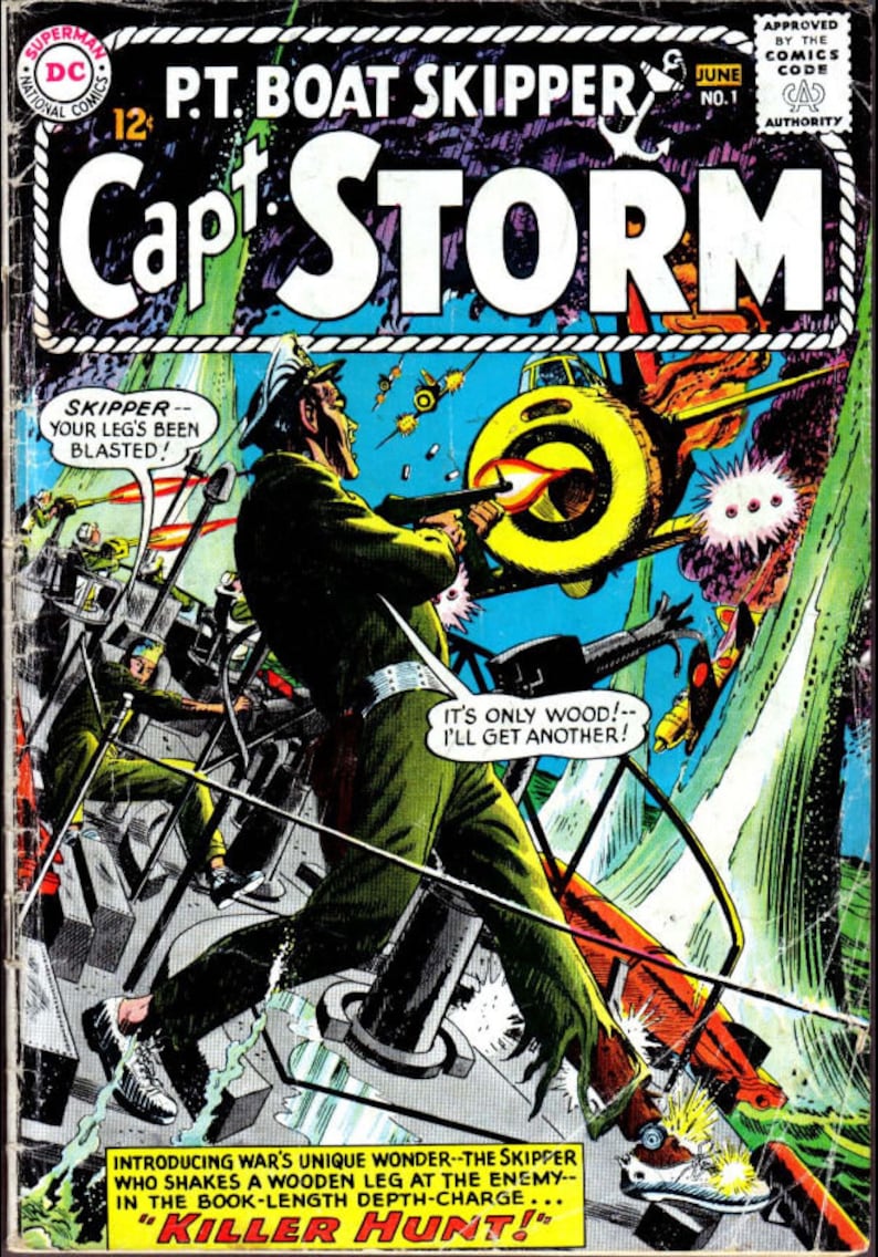 Peut inclure: Couverture de bande dessin&eacute;e vintage pour "P.T. Boat Skipper Capt. Storm" repr&eacute;sentant une sc&egrave;ne de guerre. L'illustration montre un homme tirant sur un avion jaune. Le texte comprend "Killer Hunt!" et "Skipper--Your leg's been blasted!"