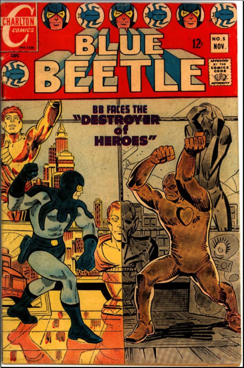 Peut inclure: Couverture de bande dessin&eacute;e vintage de Blue Beetle n&deg; 5, avec une sc&egrave;ne d'action dynamique. La couverture affiche le titre "Blue Beetle" en grandes lettres, avec le texte "BB faces the Destroyer of Heroes". La bande dessin&eacute;e est de Charlton Comics.