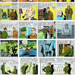 May include: A comic book page with a green, yellow, and black color scheme. The comic book features a character called The Phantom, who is a masked hero. The Phantom is fighting evil in the jungle. The comic book also features a group of men in green uniforms. The men are training to become members of the Jungle Patrol. The comic book is titled "The Phantom".