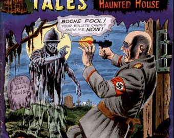 Peut inclure: Une couverture de bande dessinée vintage représentant une scène effrayante avec un fantôme, un soldat et un diable. La couverture est intitulée "Ghostly Tales from the Haunted House" et comporte le texte "Boche Fool! Your bullets cannot harm me now!"  Croyez-vous aux fantômes... hein ? Eh bien, venez avec moi... entrez dans mon salon et laissez-moi vous raconter quelques histoires de ma maison... La maison hantée ! Aussi sûr que mon nom est Mr. L. Ded. Vous ne les oublierez jamais ! Alors venez à un poste de commandement allemand dans un cimetière... rencontrez l'armée des morts... dans la Rome antique où vous rencontrerez le fantôme du grand César. Ensuite, il y a un voyage dans les entrailles de la terre pour un conte puissant et choquant et plus encore... beaucoup plus... Prêt...?