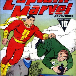 Może przedstawiać: Captain Marvel, czerwony i żółty superbohater, leci w powietrzu trzymając mężczyznę w zielonym garniturze, który trzyma bombę. Okładka komiksu nosi tytuł "Captain Marvel Adventures" i zawiera tekst "On Sale Every Third Friday No. 22 Mar. 26".